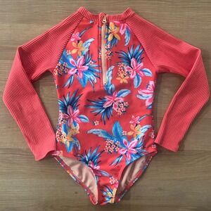 Art Class Girls Rash Guard Swimsuit Coral Floral Long Sleeve Zip Up Size XS 4 5